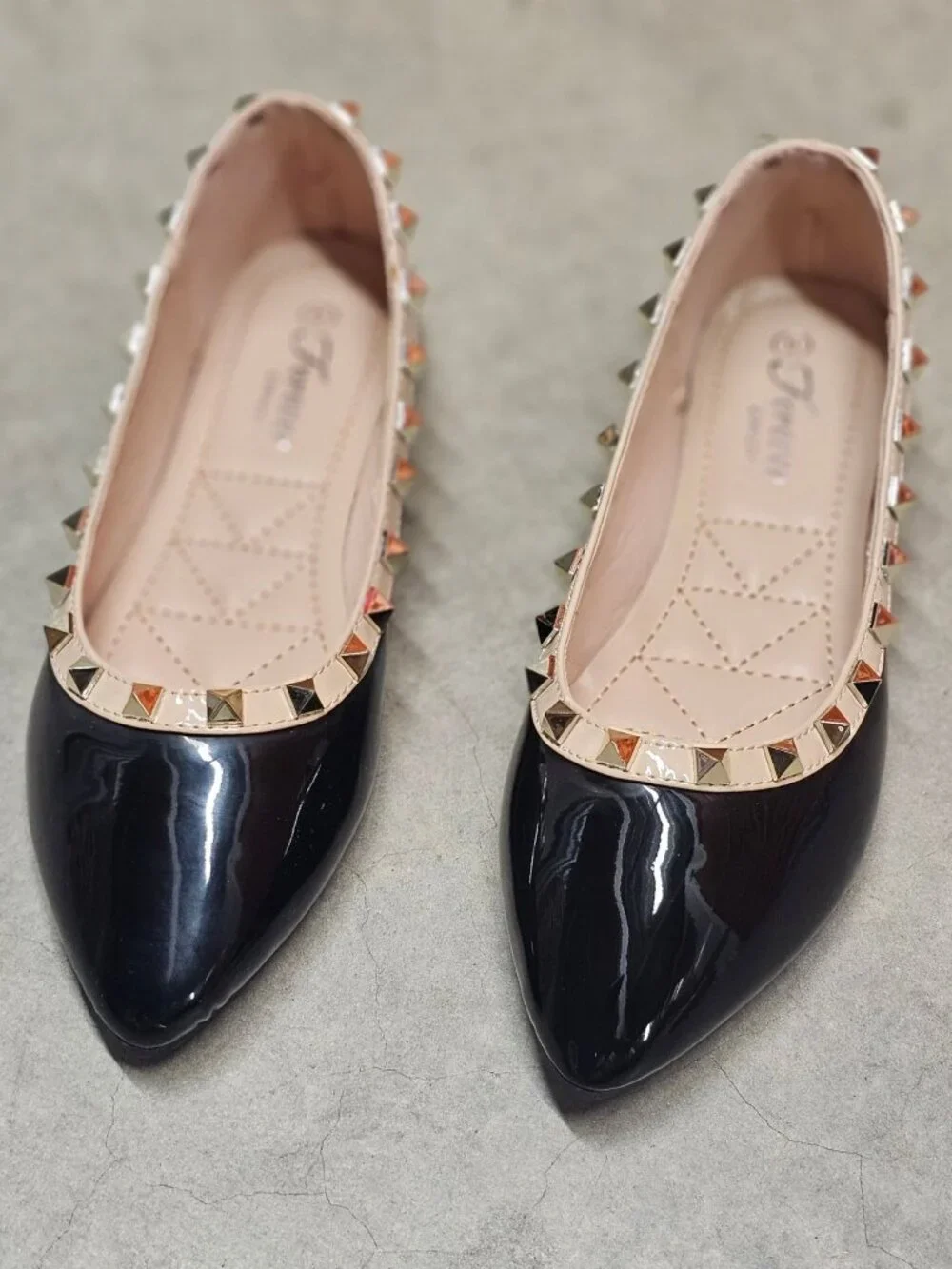 Black Patent Pointed Toe Flats With Gold Studded Trim